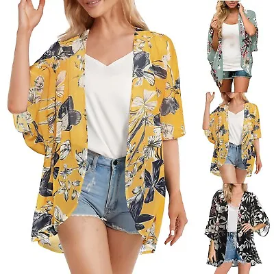 Summer Womens Floral Printed Puff Sleeve Chiffon Kimono Cardigan Loose Cover Au • $18.30