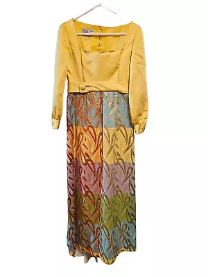 Malcolm Starr Rizkallah Metallic Evening Gown Vintage 70s Party Brocade Dress Ex • $419