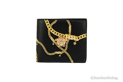 Versace Black Smooth Leather Gold Medusa Head Chain Logo Bifold Organizer Wallet • $289