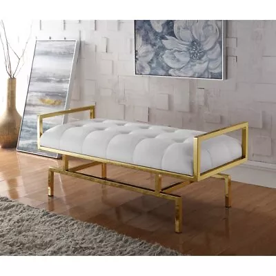 Melinda Pu Leather Modern Contemporary Tufted Seating Goldtone Metal Leg Bench • $292.19