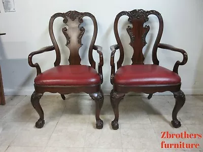 Pair Ethan Allen Mahogany Chippendale Carved Dining Room Arm Chairs Ball Claw • $809.10