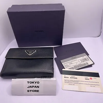 Prada Saffiano Compact Wallet Purse M523A Black Auth With Card And Box /124 • $99.99