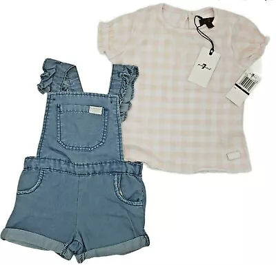 7 For All Mankind Girls 3T 2pc Set Jeans Shortall Ruffle Overall Denim Pink Top  • $13.96