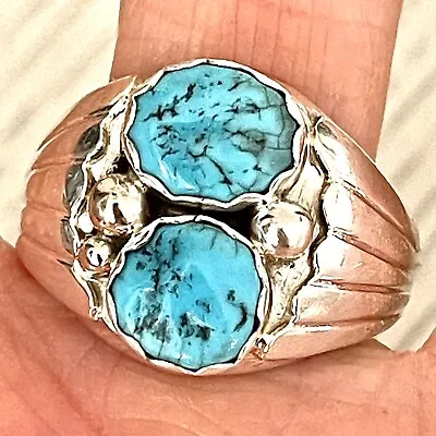 Two Stone Navajo Men Turquoise Ring Sz 13 Sterling Signed Fans 20g Nugget Band • $154.94