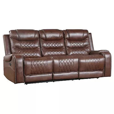 Brown Polished Microfiber Diamond Pattern Power Sofa Drop Down Table Living Room • $1299