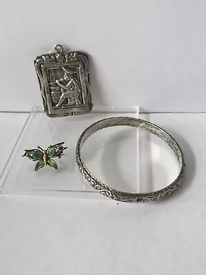 MOROCCAN SILVER TRIBAL Bangle BRACELET MARK  Glass Blowing Brooch Butterfly 59 G • $49.99