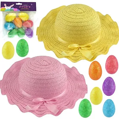 52cm Easter Straw Woven Ribbon Wrapped Bonnet Glitter Foam Eggs DIY Craft Set • £8.72