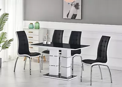 Dining Table Set TIVOLI Black Glass White High Gloss And 4 Leather Chairs Home • £279