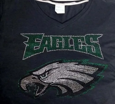 $34.99 • Buy Women's Philadelphia  Eagles Rhinestone Football V-neck T-Shirt Tee Bling Lady 