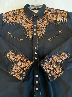 Vintage SCULLY Western Shirt XL Black COPPER BROWN Embroidery PEARL SNAP Rodeo • $60