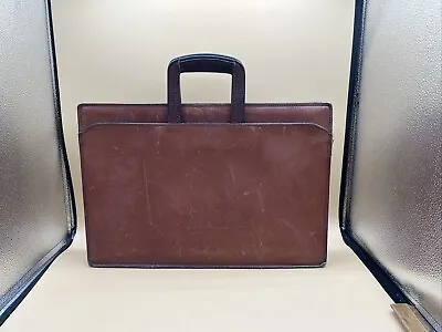 Vtg Leather Attaché Briefcase Folding Handles 3 Pockets Suede Monogrammed • $42.71