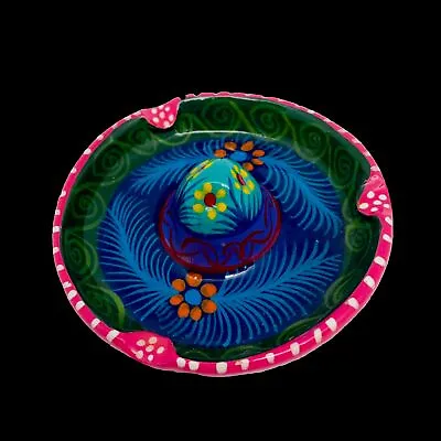 Mexican Sombrero Hand Painted Ashtray 3 Slot Trinket Bowl Handmade Clay 4 1/2” • $17.92