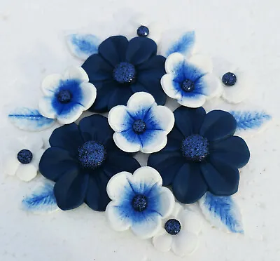 Edible Blue Wedding Cake Flowers. Blue Fathers Day Cake Decorations Toppers • £9.95