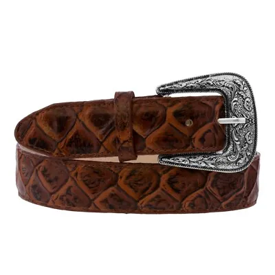 Western Cowboy Leather Belt Pirarucu Fish Print Cognac Removable Buckle Cinto • $34.99