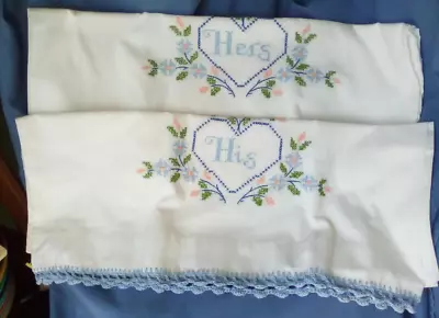 Vtg Pair His & Hers Embroidered Queen Size Pillow Cases W/blue Lace Trim • $6.50