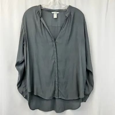 H&M Womens Button Up Shirt Gray Blouse Long Sleeve Pleated Minimalist Cuffed 14 • $9.99