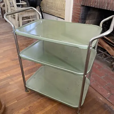 $89 • Buy Vintage Cosco Chrome Green Metal Rolling Kitchen Utility Cart 3 Tiered Shelves