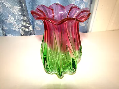 Vintage Teleflora Scallooped Pink And Green Glass Vase • $2