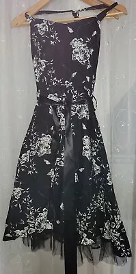 Black And White Floral Halterneck 50s Syle Dress Size 20 Satin Waist Tie • £10