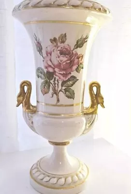Porcelain Antique Vase Pink Rose Floral Flower Gold Gilt Swan Head Handles 11” • $35