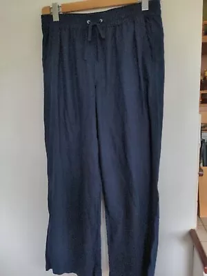 M&S Navy Linen Mix Wide Leg Trousers Elastic Waist Side Pockets Size 14 • £4.50