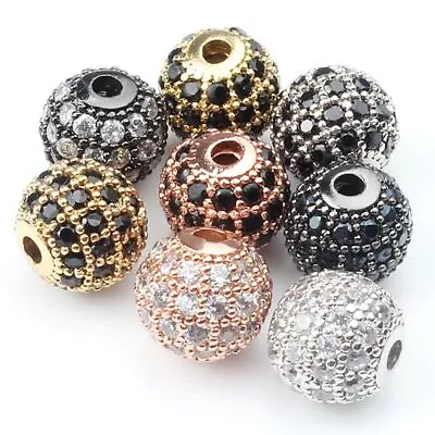 3pcs Ball Round Zircon Beads Metal Micro Pave Crystal Gold Color Spacer Bead • $9.35