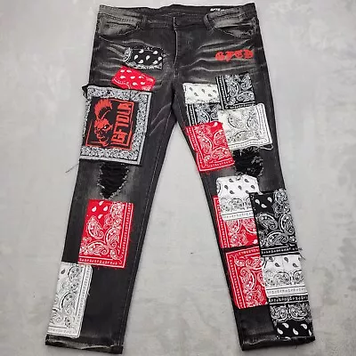 GFTD Jeans Men 38x28 Denim Button Fly Pants Baggy Rap Y2K Vintage Bandana Adult • $38.97