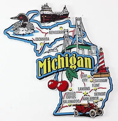 Michigan State Map And Landmarks Collage Fridge Collectible Souvenir Magnet • $8.45