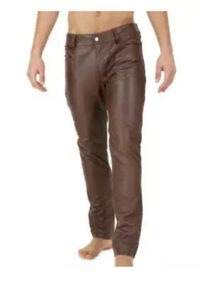 Men's Genuine Leather Pant Jeans Style 5 Pockets Motorbike Brown Pants New • $67.23