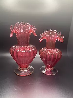 Pair Of Murano Venetian Raspberry  Buccilante Blown Glass Ruffle Vases • $55
