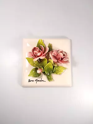 Eva Gordon Signed Hand Made Studio Crafted Pottery Ceramic Tiles Pink Roses 6  • $99