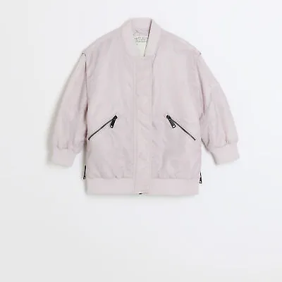 River Island Girls Bomber Jacket Pink Nylon Baseball Collar Outerwear Top • £10.50