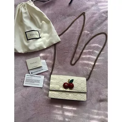 GUCCI Leather GG Crystal Cherry Wallet On Chain Mini Shoulder Bag White NEW • $2500