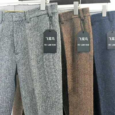 Men Herringbone Tweed Pants Wool Blend Straight Leg Trousers Casual Slim Bottoms • $25.59