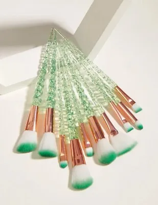 Makeup Brush Set 10pcs Unicorn Sparkle Green White Gold Spiral Glitter Bundle • $25