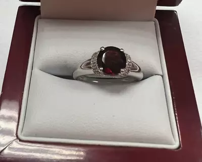 Designer SS Garnet Solitaire Ring With Diamond Accents Signed KN Size 9 [073DUW] • $39.99