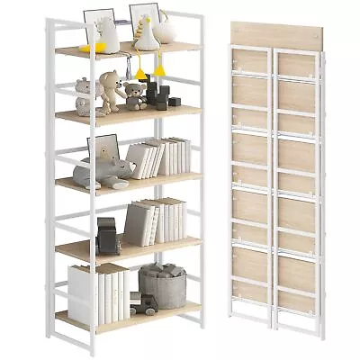 GHQME No-Assembly Folding Bookshelf Storage Shelves 5 Tiers Vintage Multifunc... • $200.77