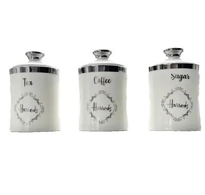 Harrods White Canister Tea Coffee Sugar Jar Storage Set Airtight Gift • £40.99