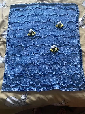 Baby’s Cot Blanket - Honeycomb Detail With Bees- Hand Knitted • £25