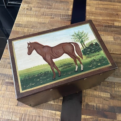 $19.99 • Buy Vintage Hand Painted Horse Western Folk Art Wooden Chest Box Jewelry Trinkets