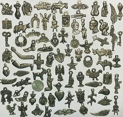 25 Milagro Charms Mexican Folk Art Dark Antique SILVER/Black Wholesale Lot • $13.95