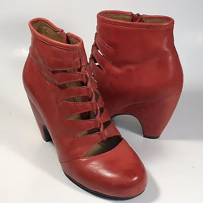 Miz Mooz Red Leather Cut Out Lace Zip Cone Heel Comfort Ankle Boots Womens 7M • $55