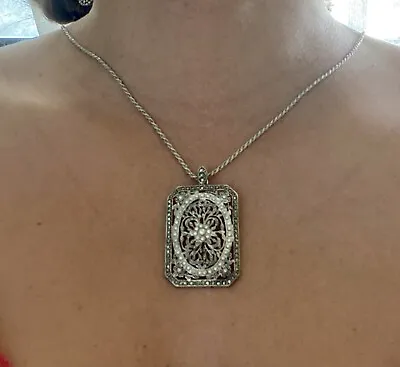 Gorgeous Jumbo Sterling Silver Pearl Marcasite Filigree Pendant Vintage • $119