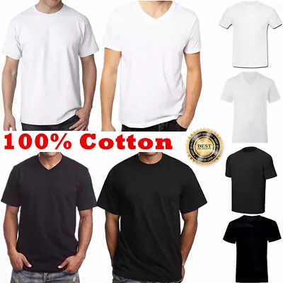 Men 100% Cotton Thick Casual T-Shirt Basic Tee Crew V-Neck White Black S-4XL LOT • $25.99