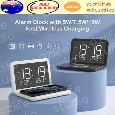 Qi Wireless Phone Fast Charger Station LED Digital Alarm Clock Temperature Date • $23.95