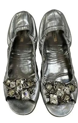 MIU MIU Ballet Flat Leather Open Toe Crystal Rhinestone Metallic Silver Size 37 • $29.99