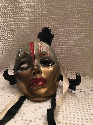 Vintage Miniature 6  Tall Painted Brass Hanging Masquerade Mask • $35