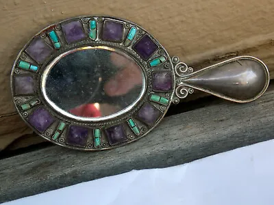 Vintage MATL Salas Mexican 925 Sterling Silver Amethyst Turquoise HAND MIRROR • $325