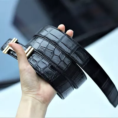 Black Genuine Alligator Crocodile Leather Men's Belt For H Hermes Buckle W3.8 Cm • $219.99