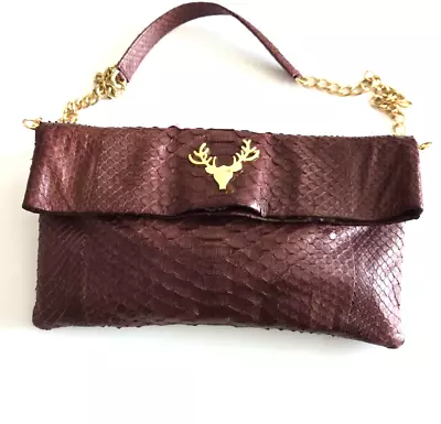 Taxidermy Python Snake Skin Clutch Shoulder Purse Bag Fold-over Brown Detachable • $149